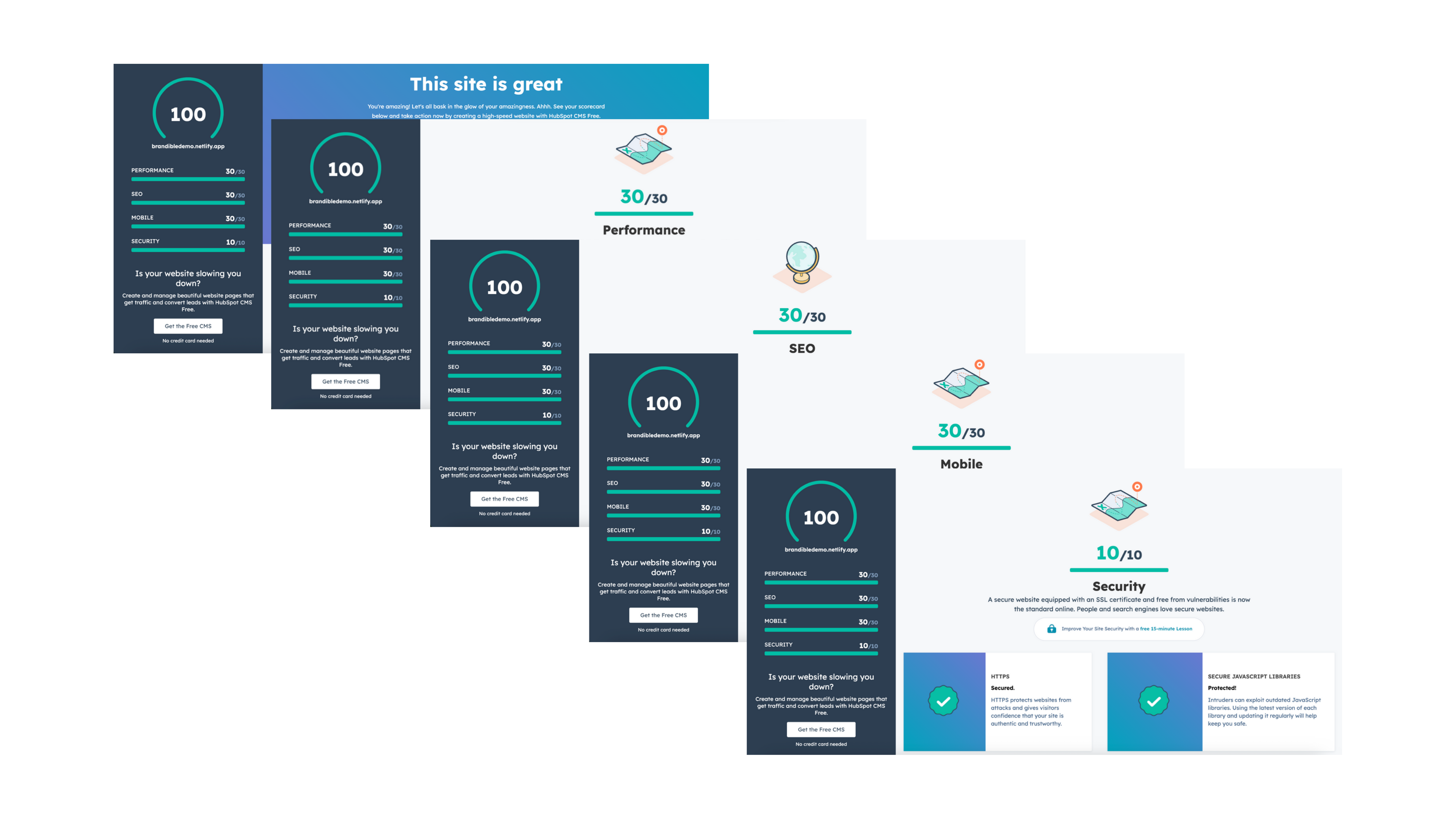 100/100 performance, SEO, mobile, and security scores